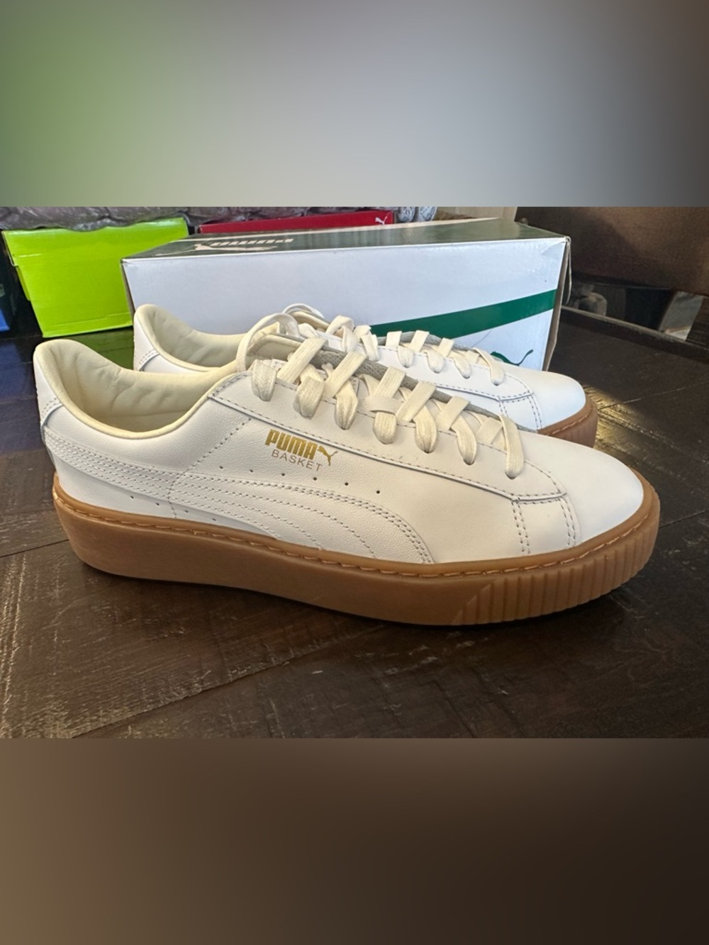 Women’s size 10 Puma Platform Basket Low-Top Sneakers in White with Gum Sole